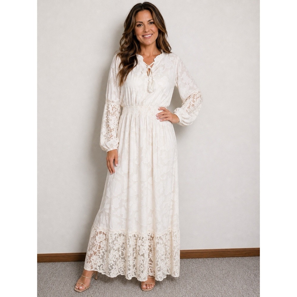 NWT Polagram Lace Maxi Dress L Beige Smocked Boho Romantic Cottagecore Wedding